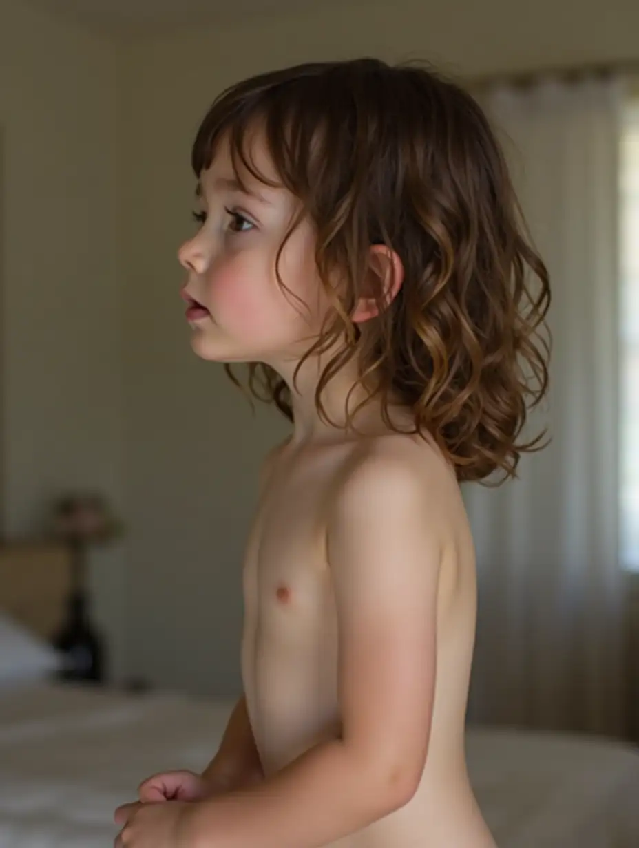 Little-Girl-with-Wavy-Brown-Hair-Standing-on-Stool-in-Bedroom