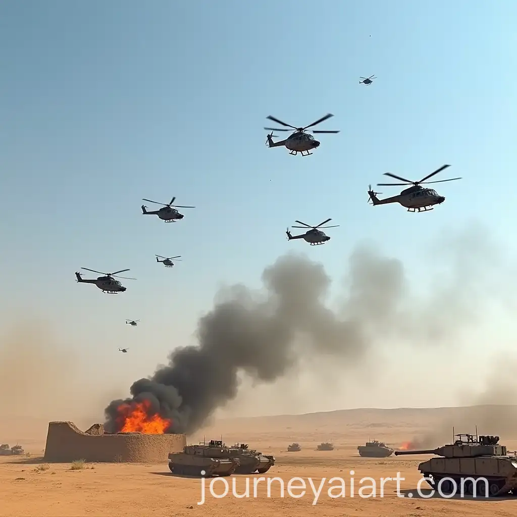 Russian-Mi24-Hind-Helicopters-Over-Burning-Desert-Fort-and-Armored-Personnel-Carriers