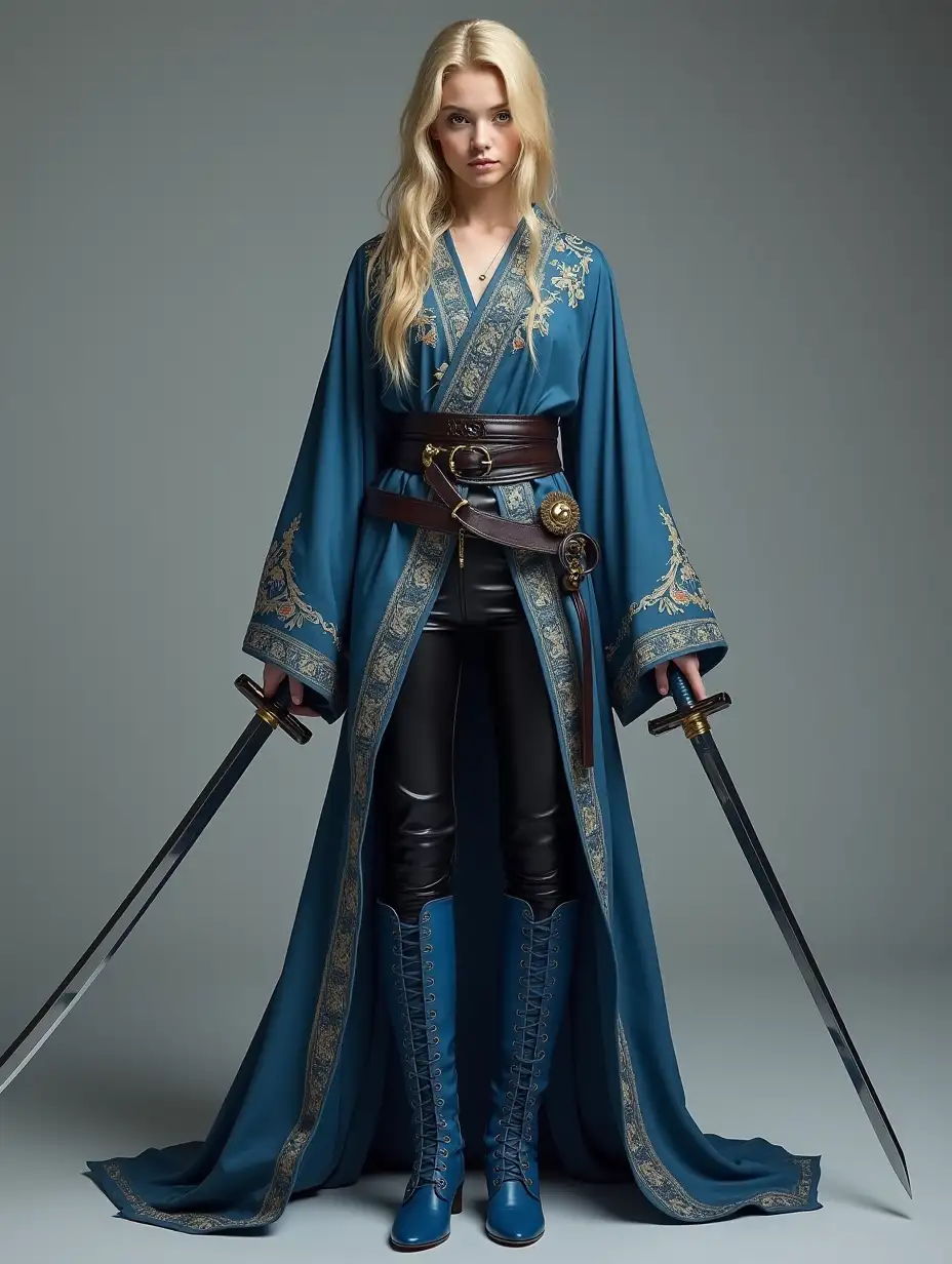 Young-Caucasian-Female-Warrior-in-Embroidered-Blue-Robes-with-Wakizashi-Swords