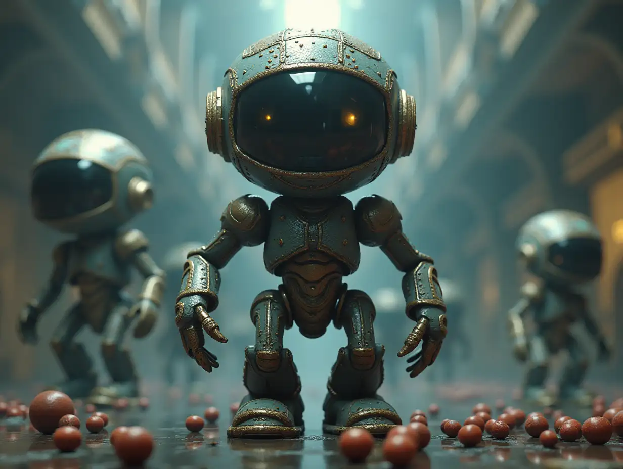 Create a high-resolution, realistic image of the artificial intelligence Robert, 15 meters tall, with eyes, arms and legs, with feathers on the cheeks and glass helmet with glass brain, gold screws with many grenades on the floor, in the company of aliens in 4k resolution