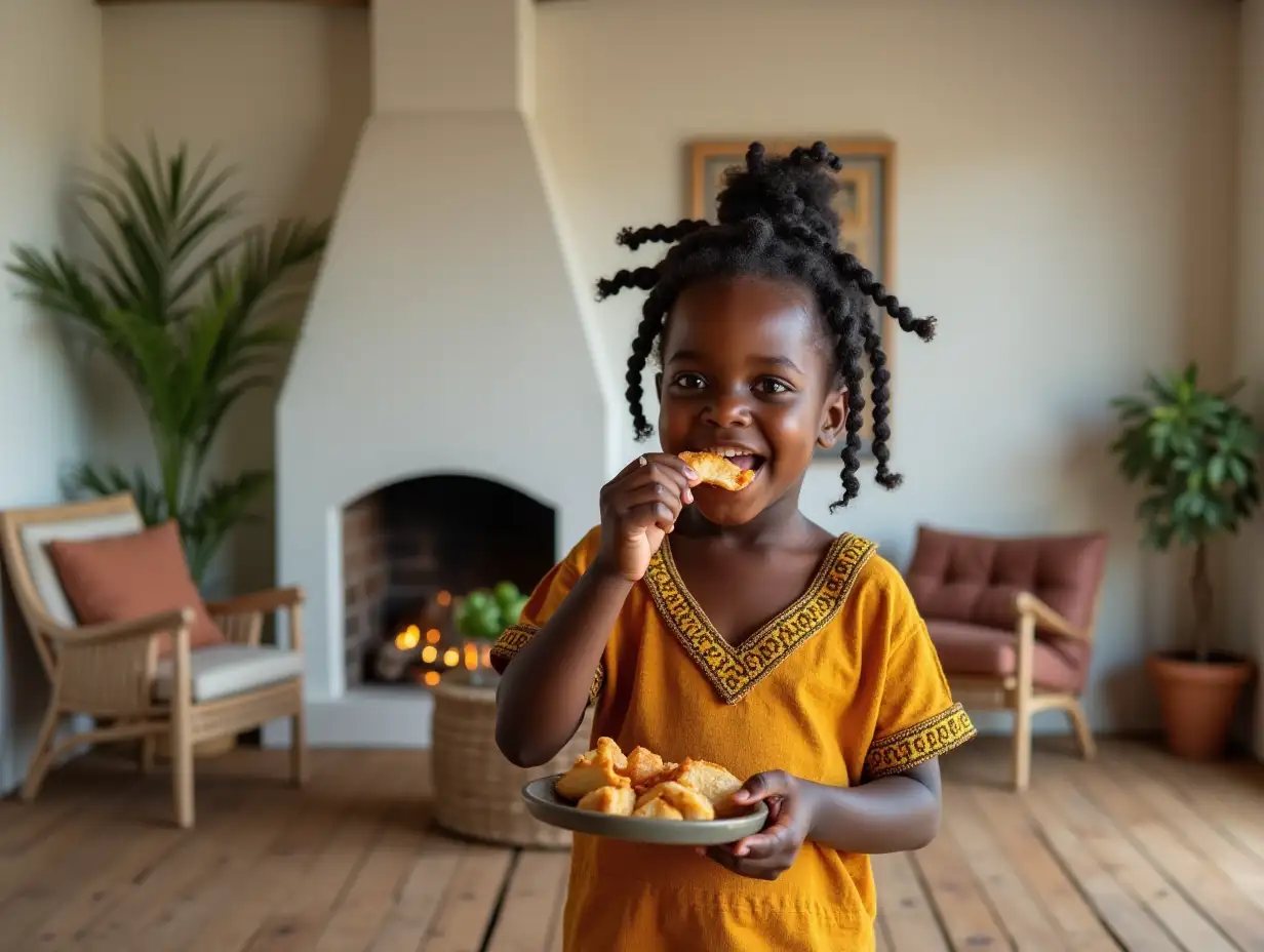 Generate an image of an african 6 year old, dressed in an african outfit, with braids in her hair, in an minimalistic african hut, with white walls, green plants, fireplace, rustic furniture,  eating a piece of chicken