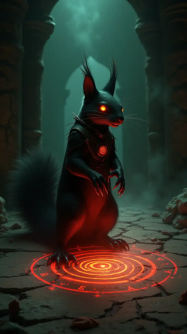 A solitary warlock squirrel stands in the heart of a shadow-drenched chamber, its sleek, scorched-black fur shimmering faintly under the glow of an intricate, pulsing enchantment circle carved into the cracked stone floor. The circle blazes with blood-red and sickly green light, its runes glowing as if alive, emitting faint tendrils of smoke that coil upward into the oppressive darkness. The squirrel’s ember-like eyes burn with a terrifying intensity, its jagged claws raised and sparking with volatile arcs of crimson magic. Its tattered robes, stitched with tarnished brass and glowing sigils, ripple with unseen forces, faint scorch marks revealing layers of charred fur beneath. The air around it distorts, heavy with malevolent energy, as faint echoes of grinding metal and hissing steam resonate from the unseen depths of the chamber. Jagged shadows crawl across the walls, which are etched with faint, ancient glyphs, their light barely piercing the suffocating darkness that presses closer with each pulse of the spell’s power