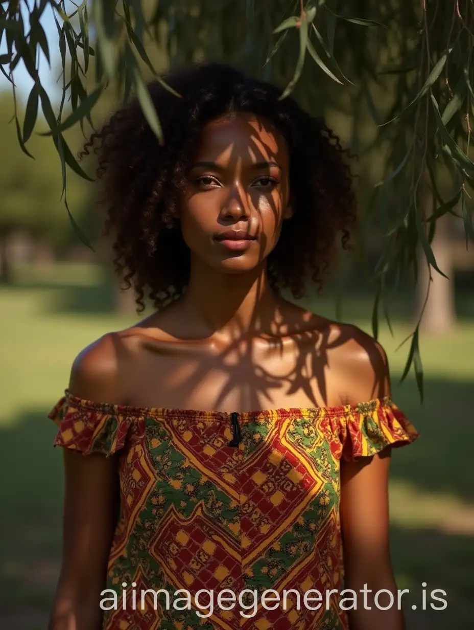 Chechen-Woman-in-OliveColored-OffShoulder-Summer-Top-Under-Tree-with-Chiaroscuro-Lighting