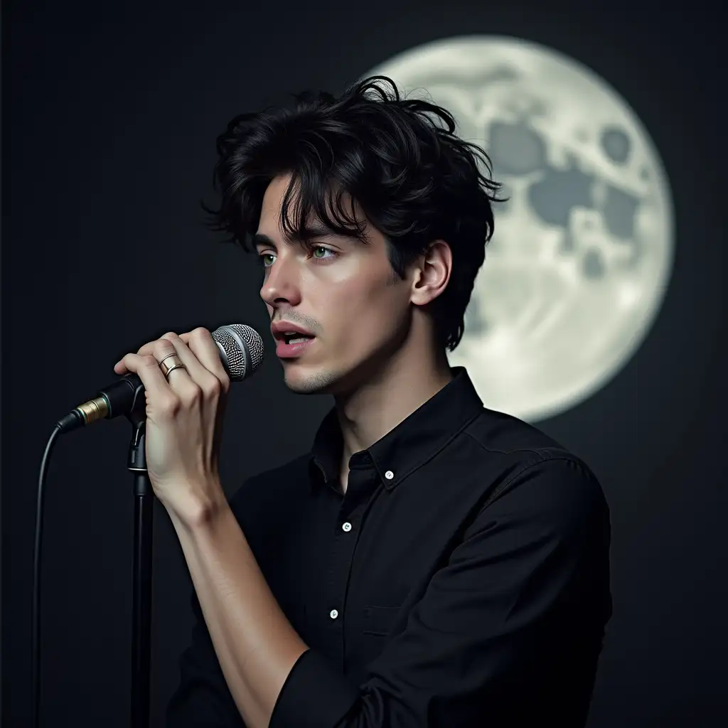 Handsome man about 27 years old, with black hair and green eyes with a microphone in his hand singing to the Moon