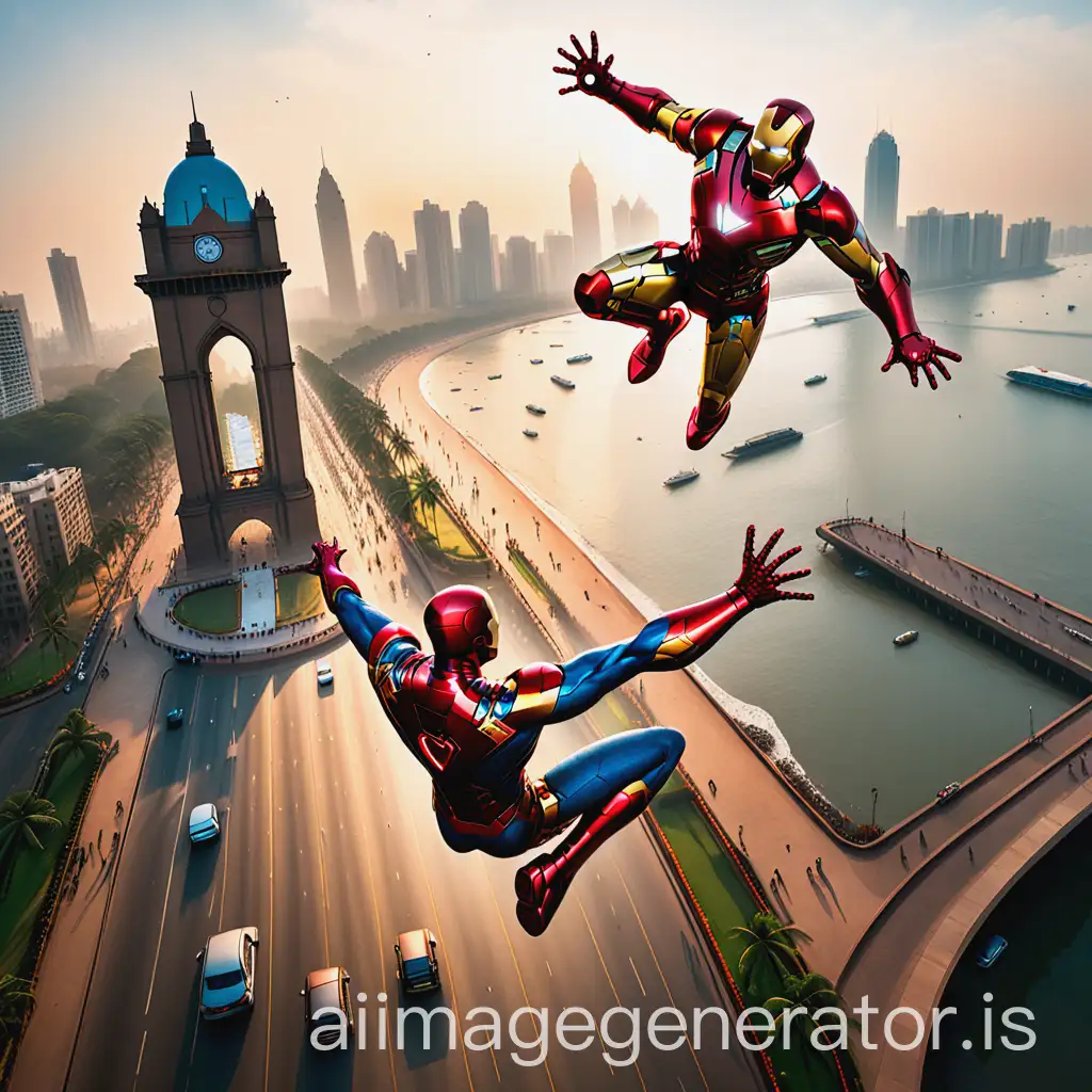 AI-Image-Prompt-ExpansionSuperheroes-in-Action-Over-Mumbai-Skyline-with-Marine-Drive-and-Gateway-of-India