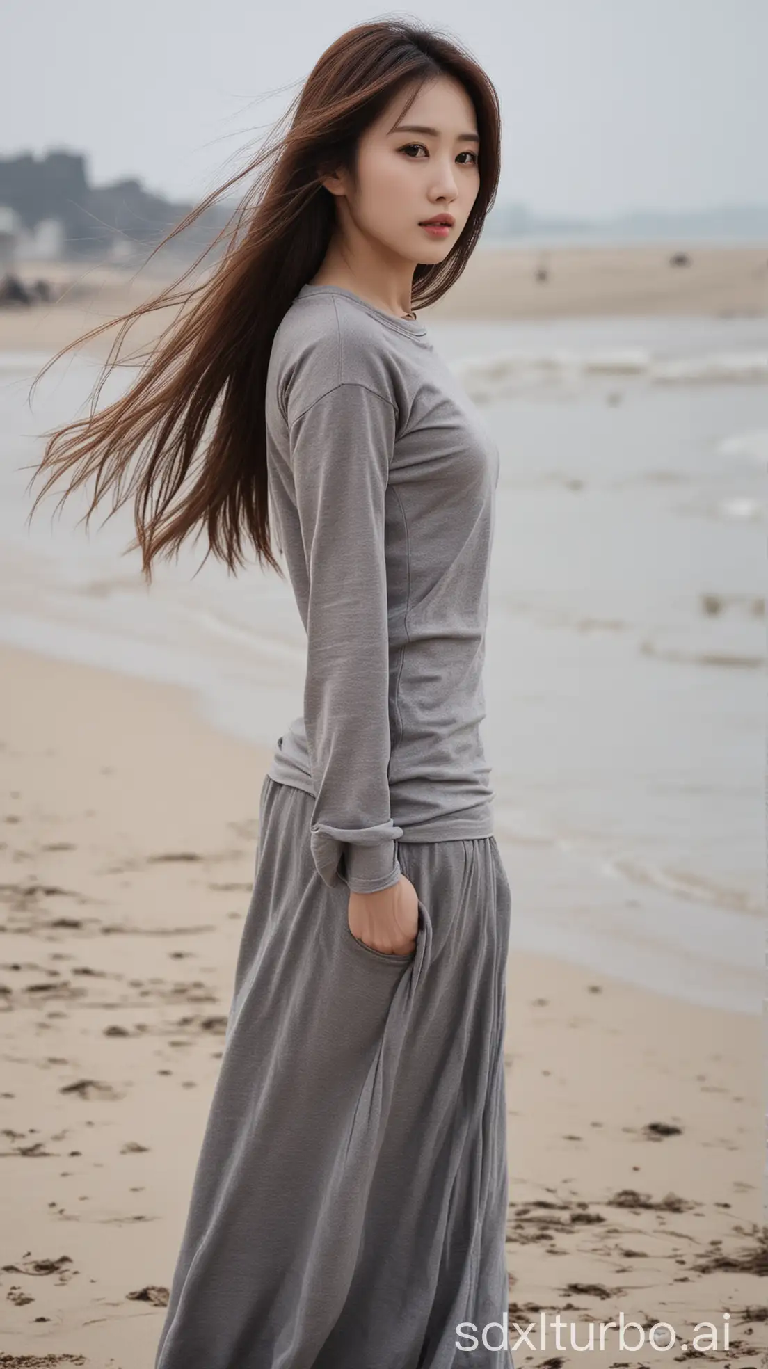 Chinese-Woman-in-Gray-TShirt-and-Long-Skirt-on-Winter-Beach-at-Dusk