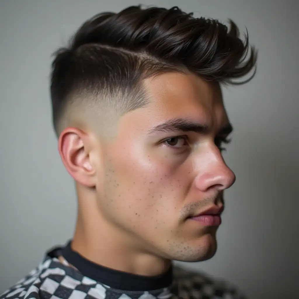 Clean Mullet Fade, soft fade, balanced for angular face, short tapered sides, natural hairline, groomed texture, lifestyle-inspired, low-key trendy, diffused lighting, shallow depth of field, professional grooming, high-resolution, studio shot.