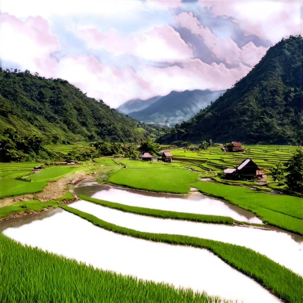 scenery of mountain in countryside with rice field and small river clouds also can be seen children who are playing in the river