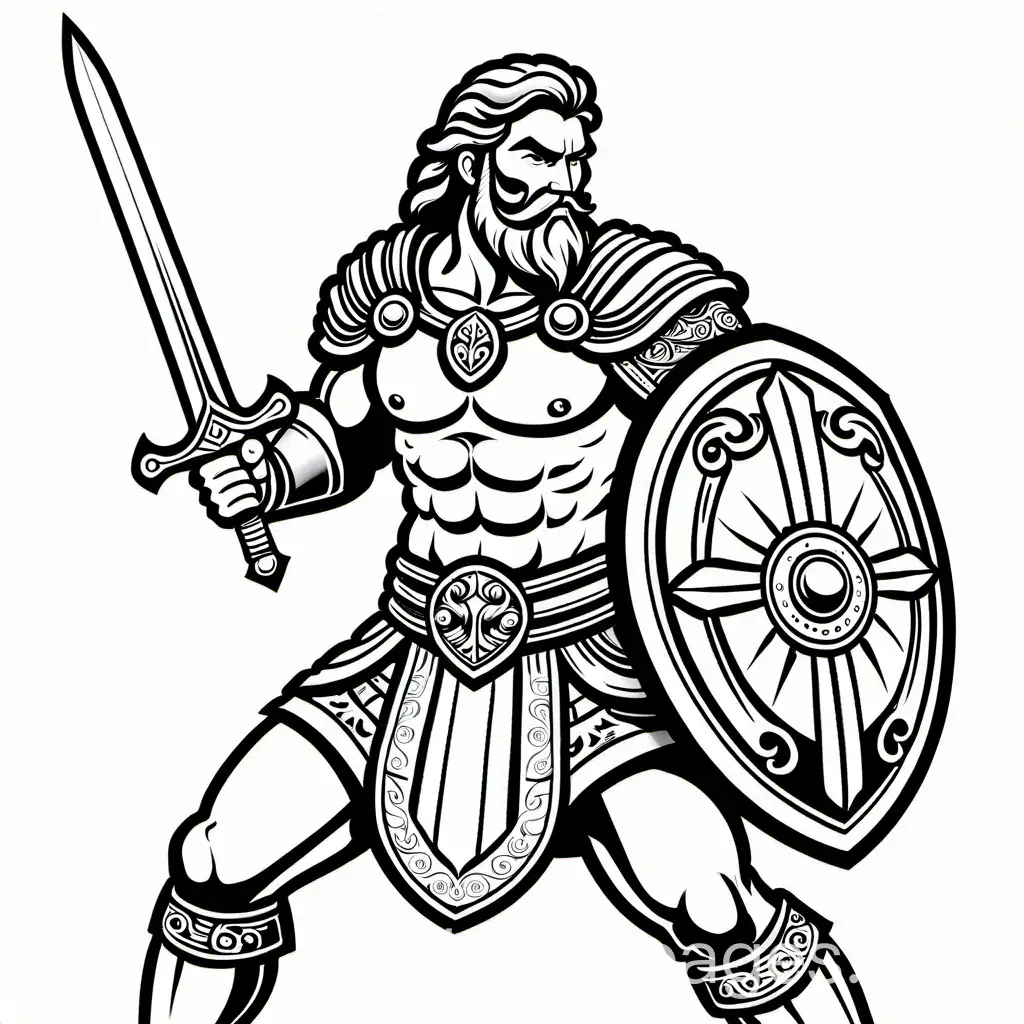 Mythical-Warrior-in-Battle-Sword-and-Shield-Line-Art