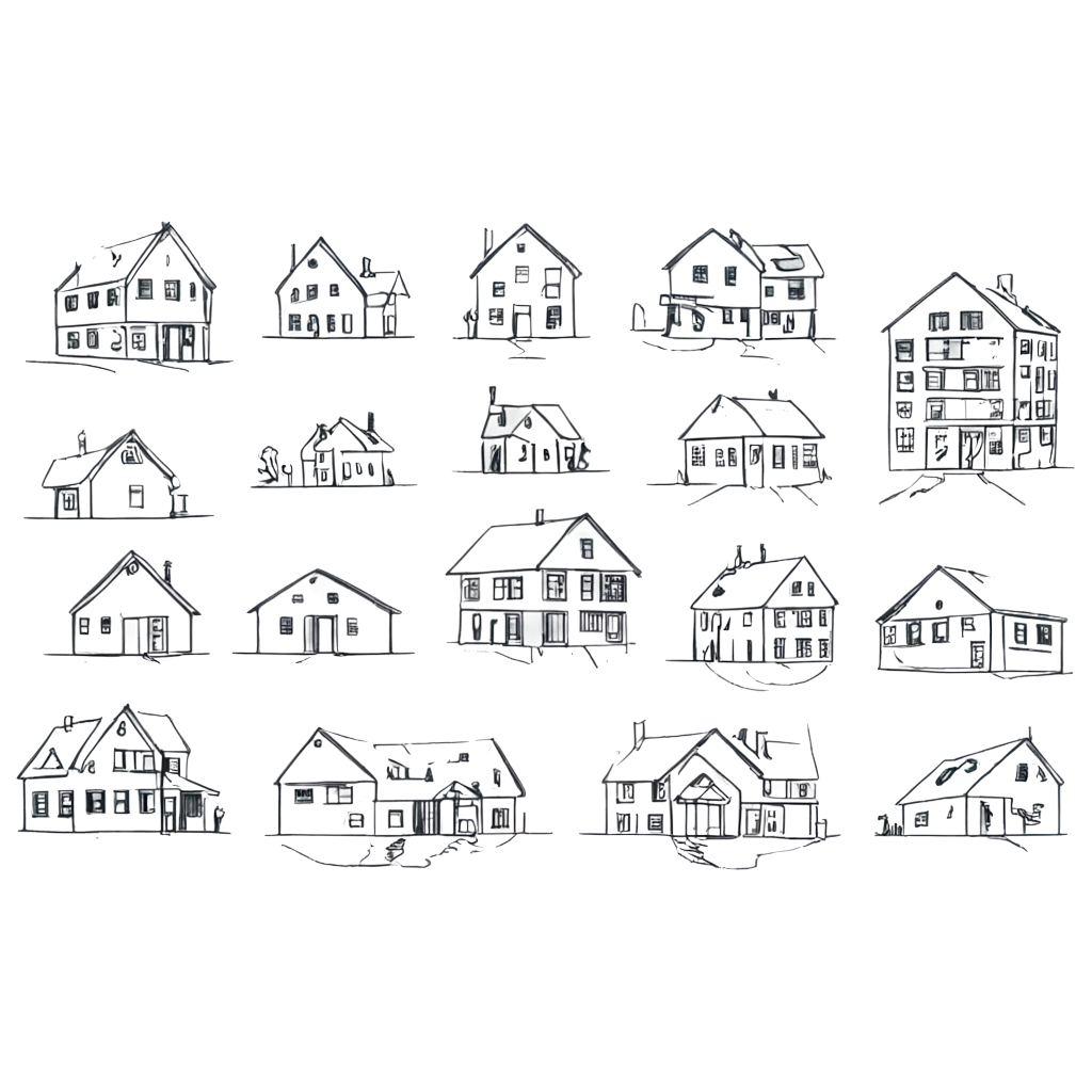 line drawings of houses, schools, and city buildings.