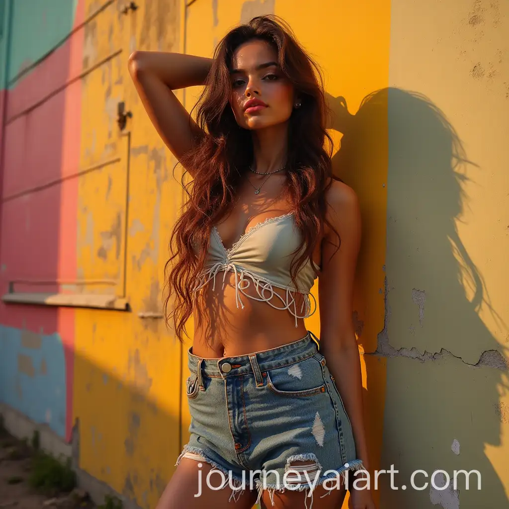 Woman-Posing-in-Cider-Clothing-at-MusicAI-Image-Prompt-Expansion-Festival-with-Wall-Background