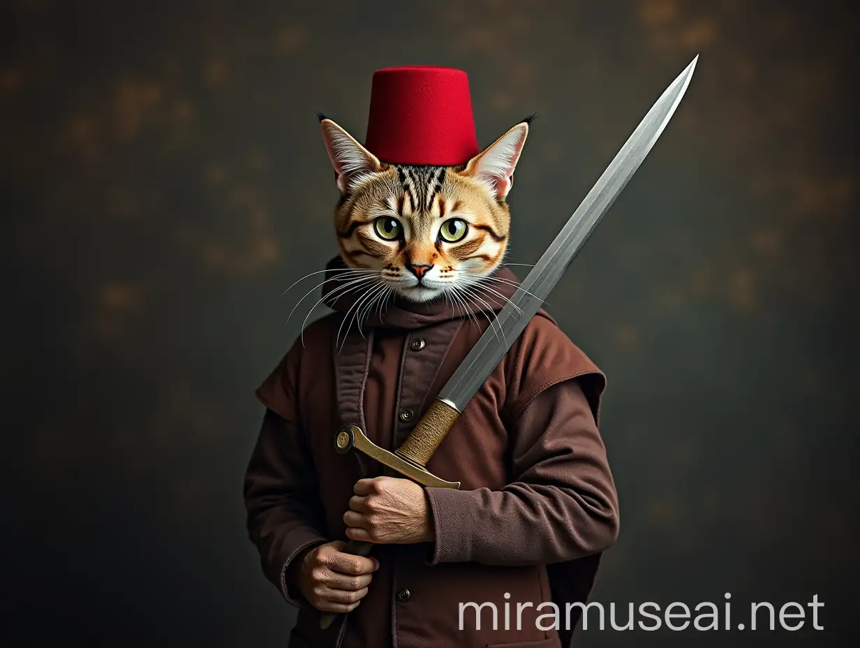 Cat Wearing Muslim Fez and Holding Sword with Human Head and Body