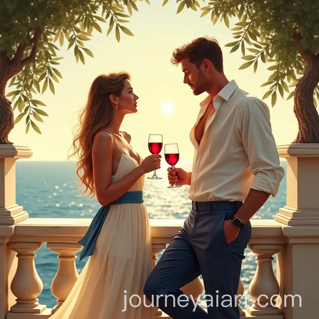 Couple-in-Royal-PortraitStyle-at-a-Coastal-Villa-with-Golden-Glow