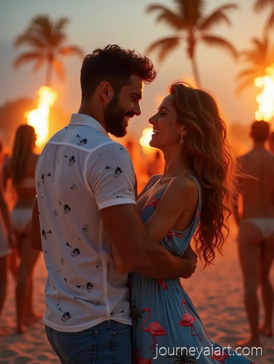 Golden-Hour-Beach-Party-with-Fire-Show-and-Dancing-Couple-in-Vibrant-Summer-Attire