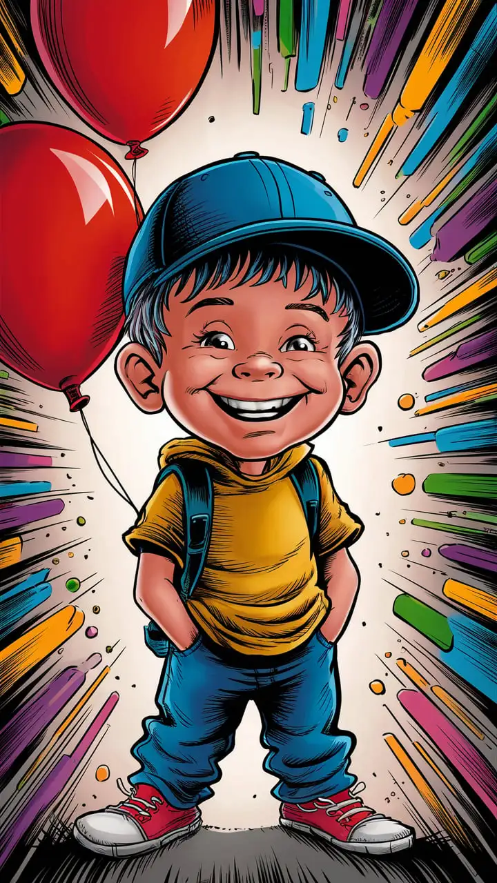 Optimistic Boy in Comic Book Style with Backwards Baseball Cap