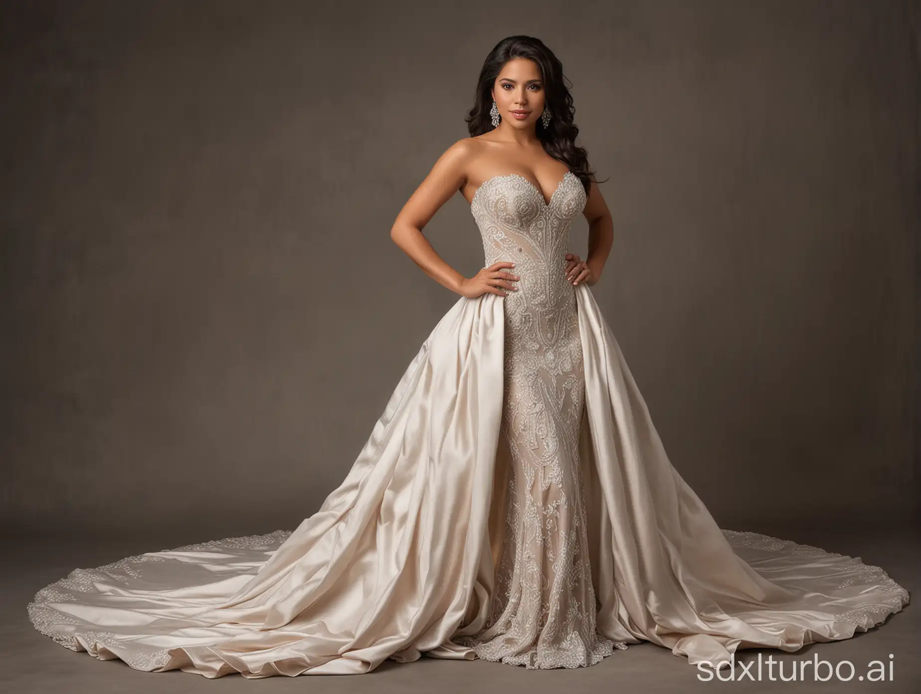 Elegant full body portrait of a latina woman average build 5'9 230 lbs. in a stunning gown