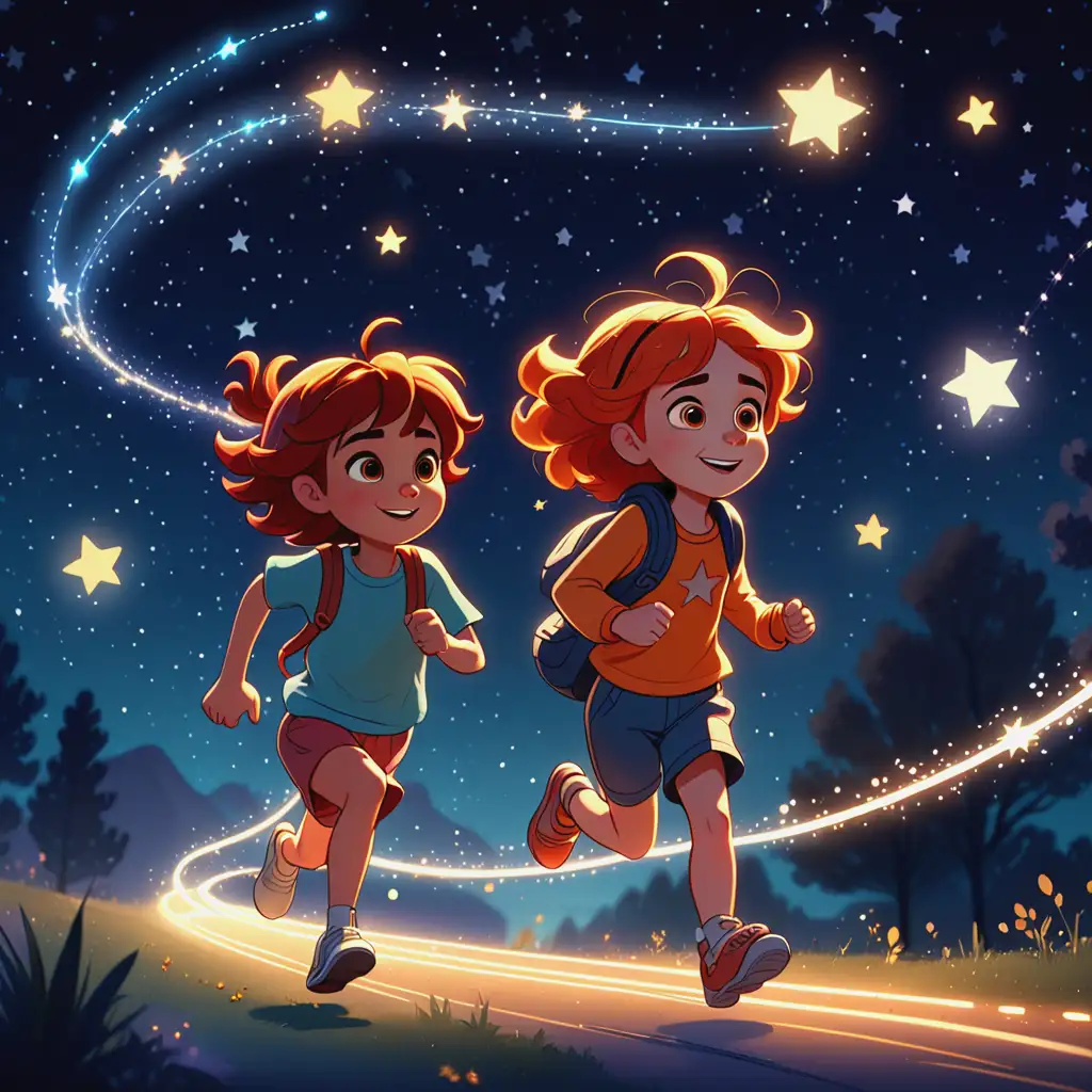 Lina and Jules Running Among Stars in a Glowing Night Sky