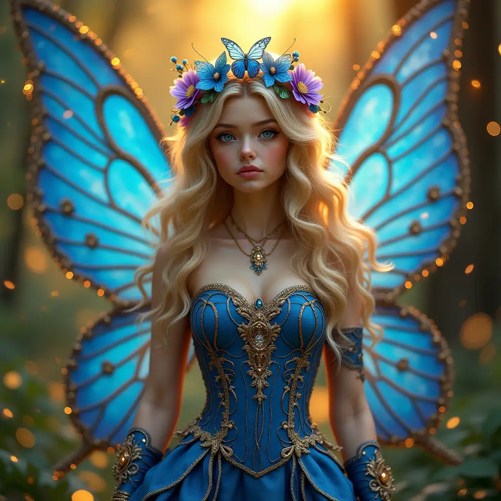 Ethereal-Fairy-Character-with-Vibrant-Blue-Wings-in-a-Magical-Forest