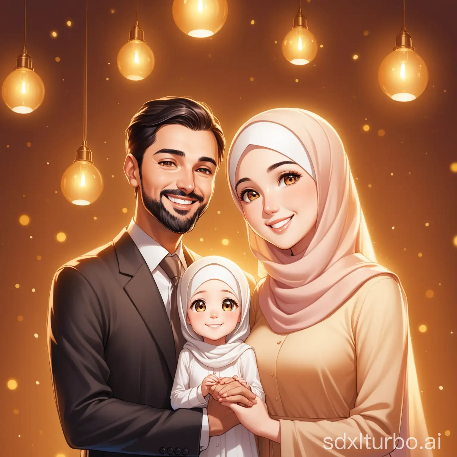A captivating 4D caricature of an elegant and happy family of 3, consisting of a man, a woman, and their daughter. The man, a good-looking 30-year-old, hair parted on the right, stands tall with a confident smile. The woman, a 20-year-old wearing a hijab, gazes lovingly at her family, her eyes shining with warmth. Their 14-year-old daughter, also wearing a hijab, grasps their hands, her face beaming with joy. The atmosphere is filled with romance and love, highlighted by soft lighting and a warm color palette, capturing a heartwarming moment between the couple and their children.