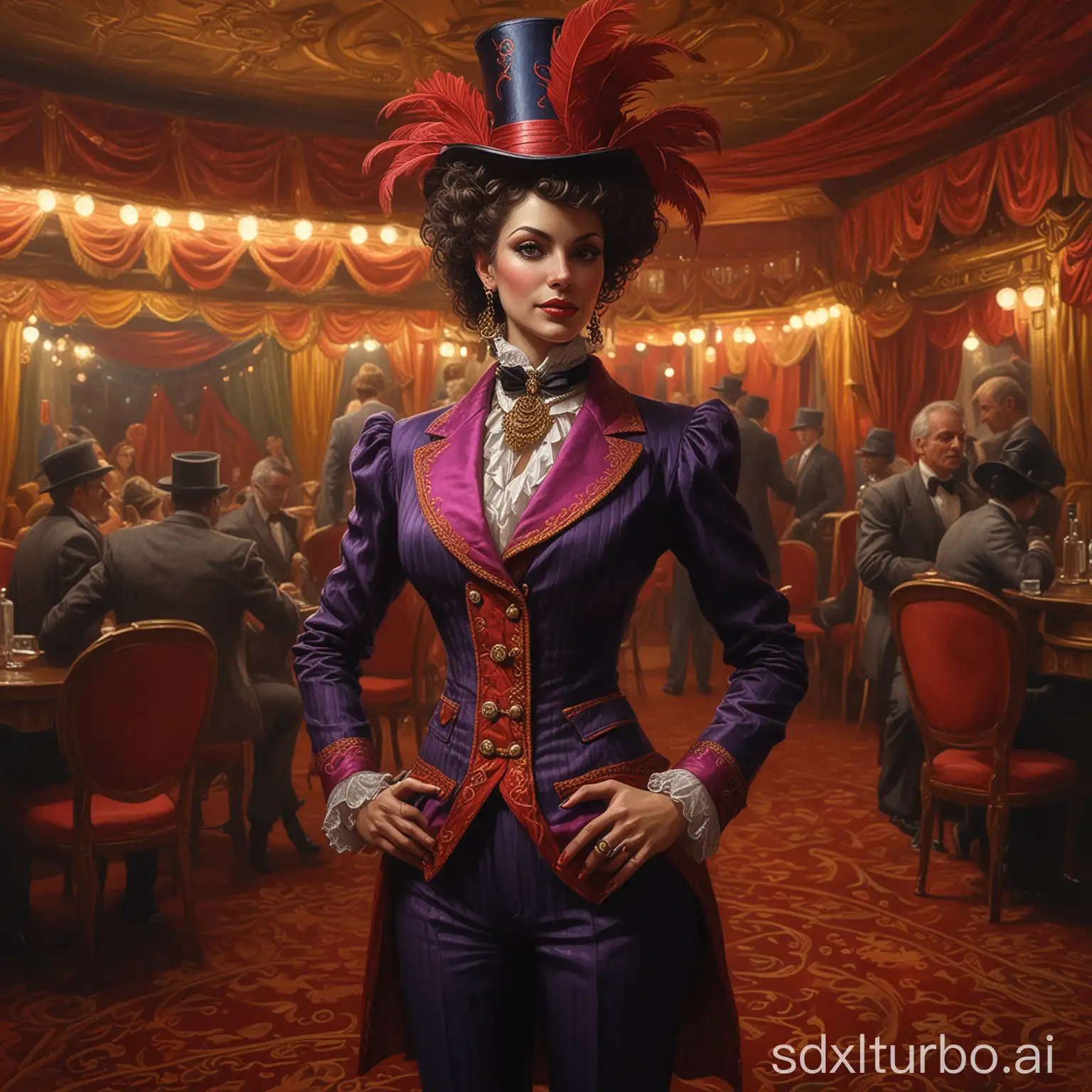 confident suit woman,  carnivalesque, carnivalesque interior, cabaret, circus, shadowmoor mtg art, art by Michael hutter, stylized, vivid colors, chiaroscuro