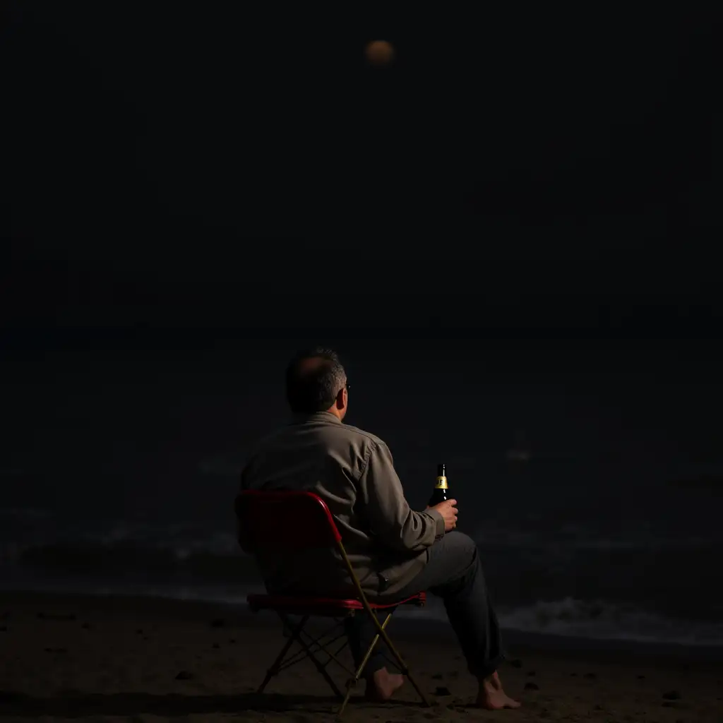 a man sitting alone on a chair with a beer bottle in front of a black background by the sea, with his face visible