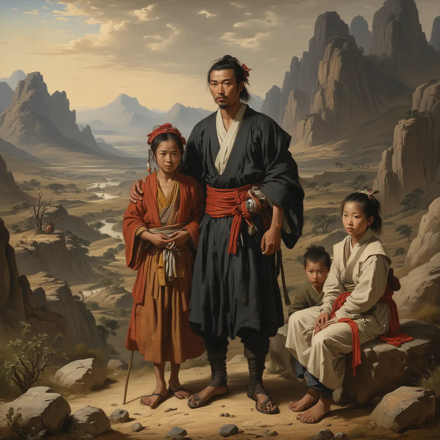 A young Temujin with his family in a rugged landscape