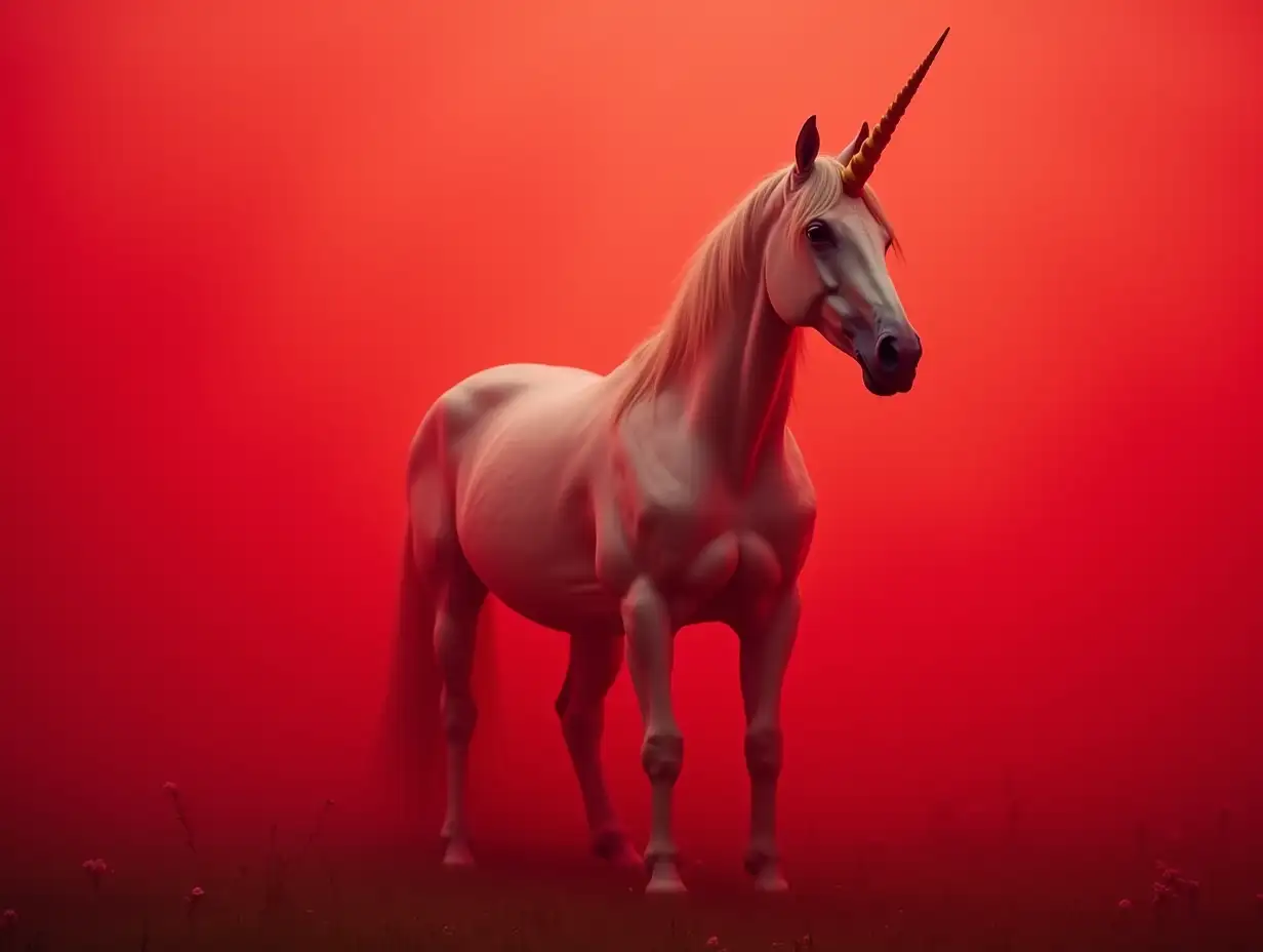 Unicorn in red fog, Fantasy style, realistic photography in 4K quality, precise anatomy, smallest details, flawless composition