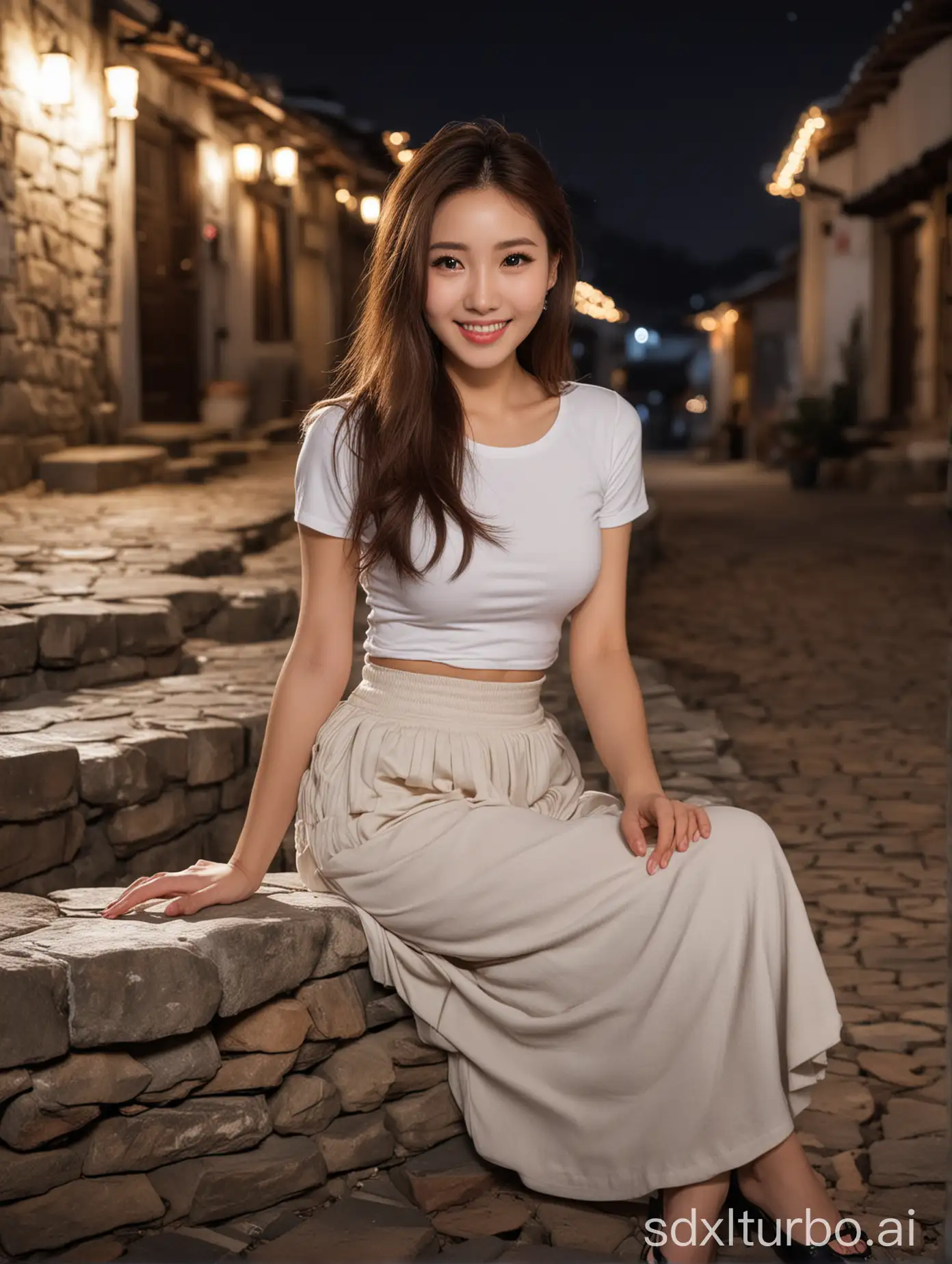 user_prompt: Chinese woman, sexy sweet smile, brown hair, white skin, black eyes pl winter's night white tight-fitting T-shirt and long skirt sitting on a stone in the village