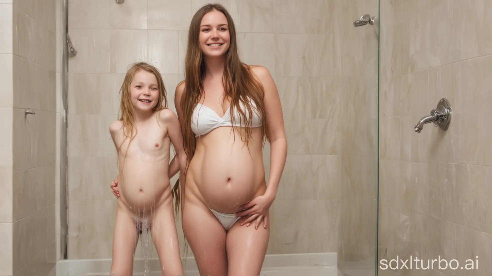 Pregnant-Mother-and-Teen-Daughter-Smiling-Together-in-Shower