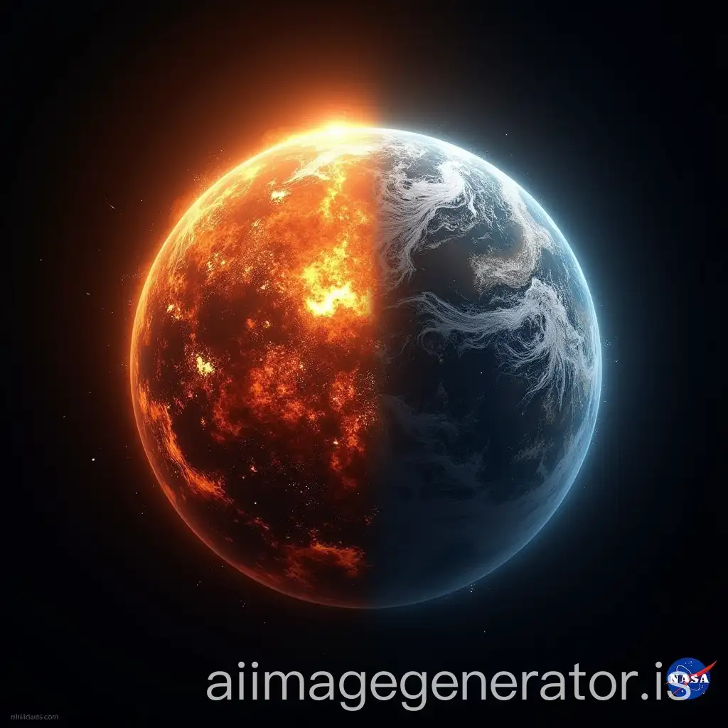 An image shows half the Earth burning in sunlight and the other half frozen in darkness, with the NASA logo added.