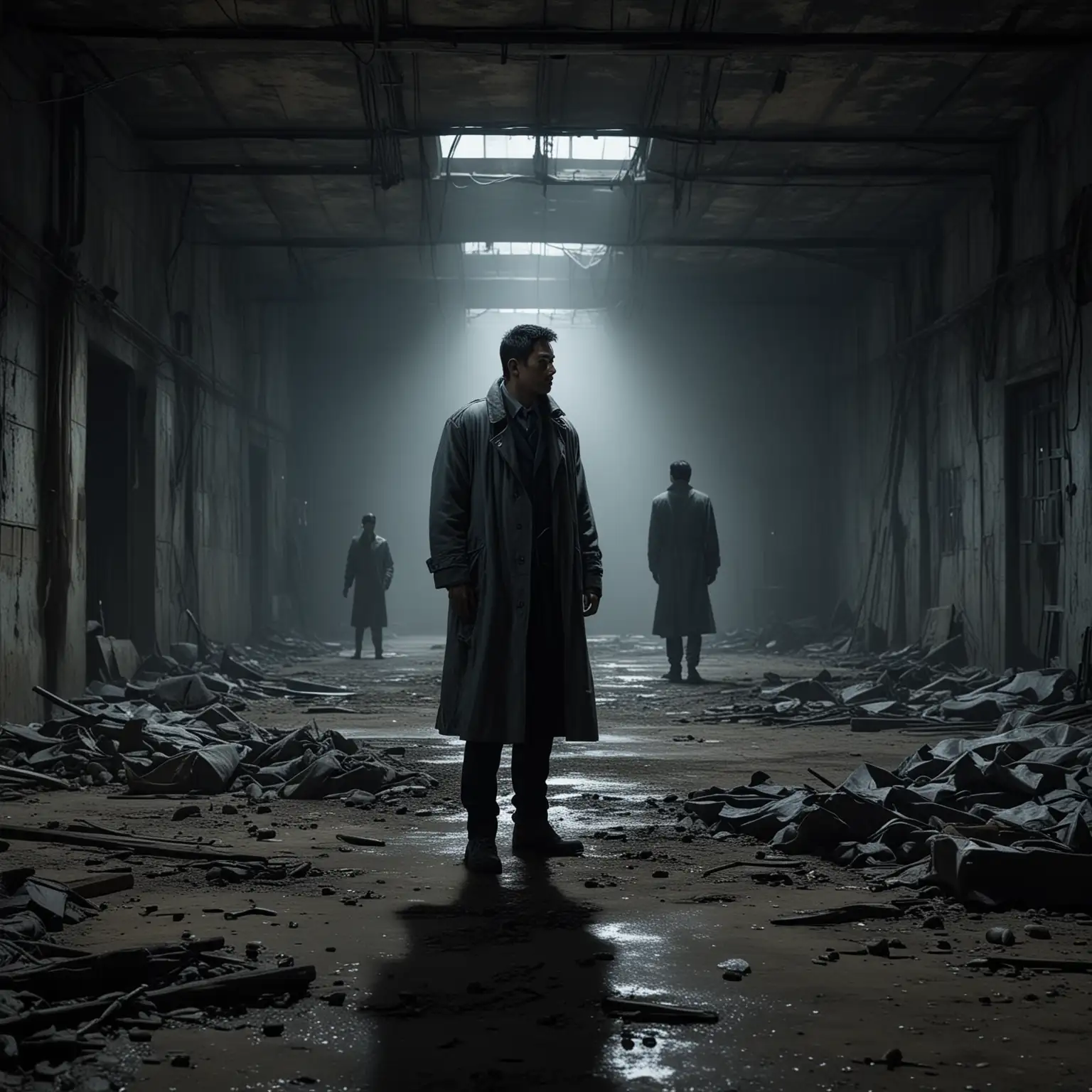 A cinematic, photorealistic scene inside an abandoned warehouse at night. Moonlight streams through broken windows, illuminating dusty, weathered walls and industrial structures. In the center of the scene, two figures face each other: a determined middle-aged man (Lin Hao) in a trench coat and a mysterious male antagonist (Long Ying) wearing a dark suit and exuding a cold, commanding aura. Both figures stand tensely in a dark, oppressive environment, their expressions resolute and intense as if on the verge of a life-or-death confrontation. The overall color palette consists of cold blues and grays with high contrast shadows and subtle moonlit highlights, evoking a suspenseful and dramatic atmosphere.