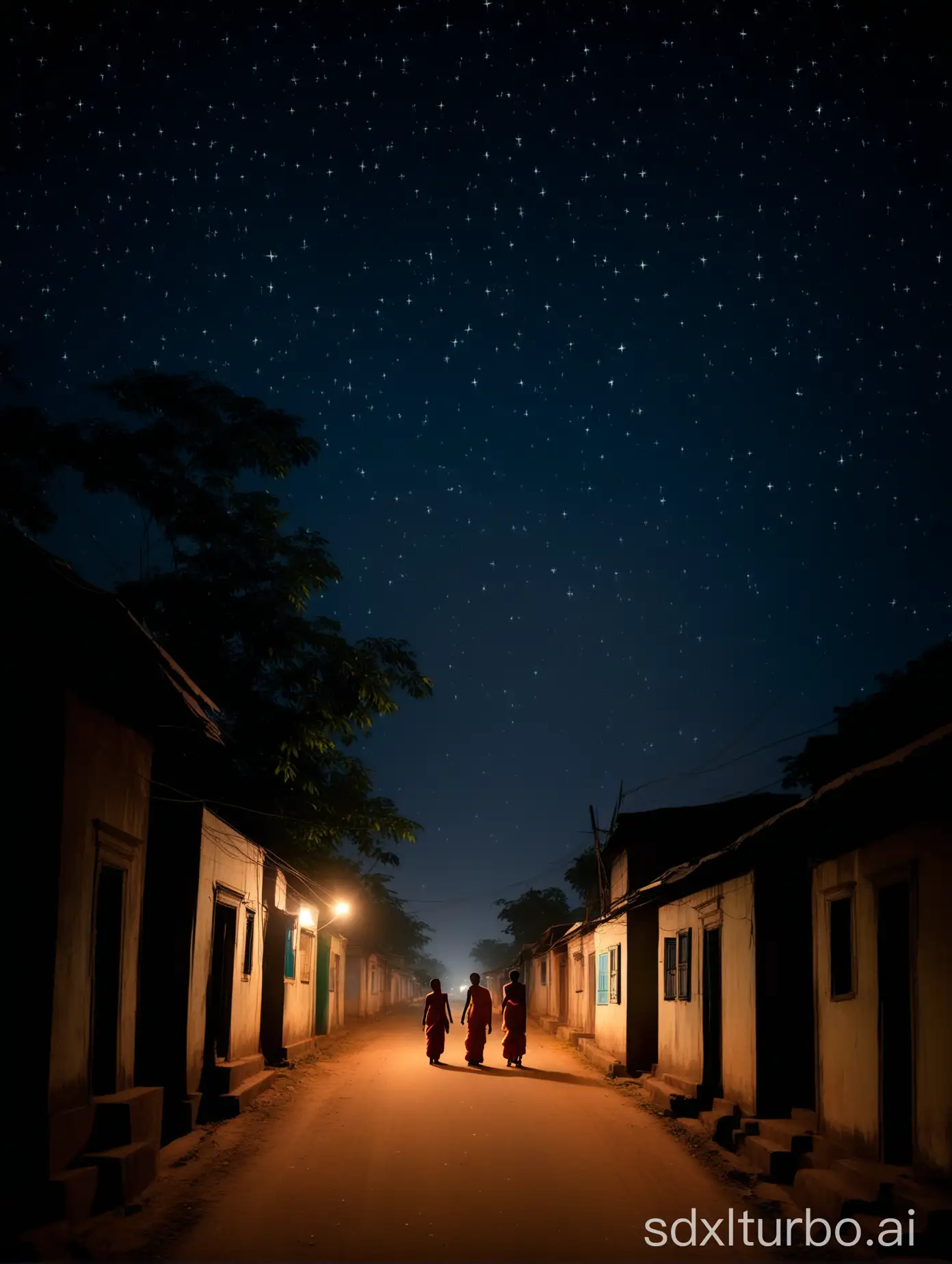 Quiet-Night-in-Kolkata-Village-with-Starlit-Sky-and-Faint-House-Lights