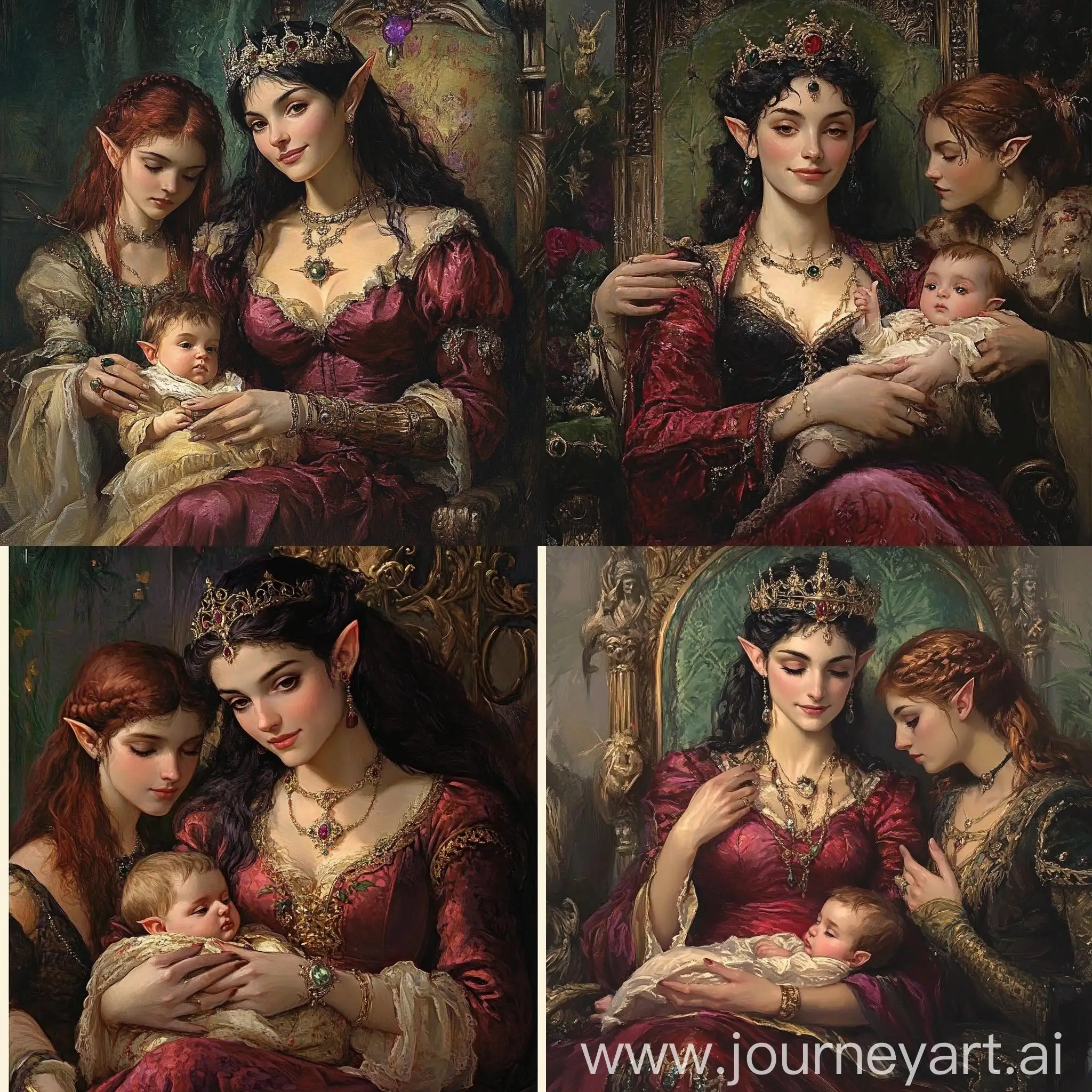 European-Renaissance-Empress-Elf-with-Newborn-Elf-on-Throne