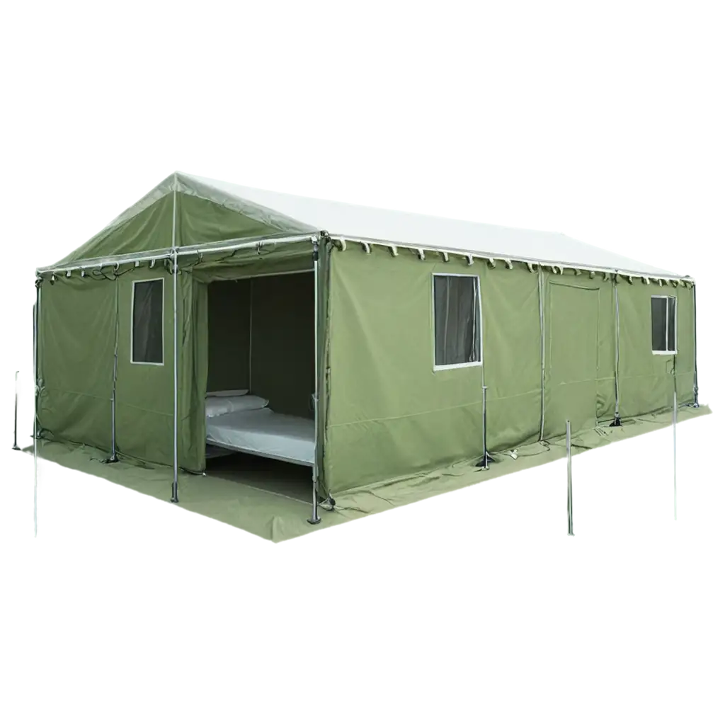 medical center with iocn , camp, tent, no human,  perspective side view