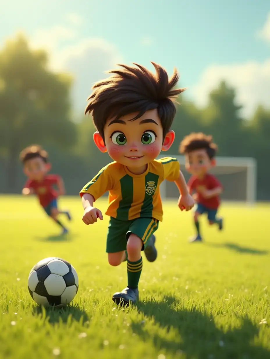 Leo, 12, with a round, freckled face and bright green eyes full of determination, charges down the football field. His messy dark brown curls fly behind him as he sprints, dressed in a fitted football jersey with his team’s logo, matching shorts, and cleats gripping the grass beneath him. He’s mid-dribble, dodging a defender with quick footwork, his body leaning forward in a burst of energy. The sun casts long shadows on the field, and in the background, a goalpost looms, with other players in motion. The scene is dynamic, capturing the excitement of the game in full swing.n1080x1920 pixel. 3D Pixar Style