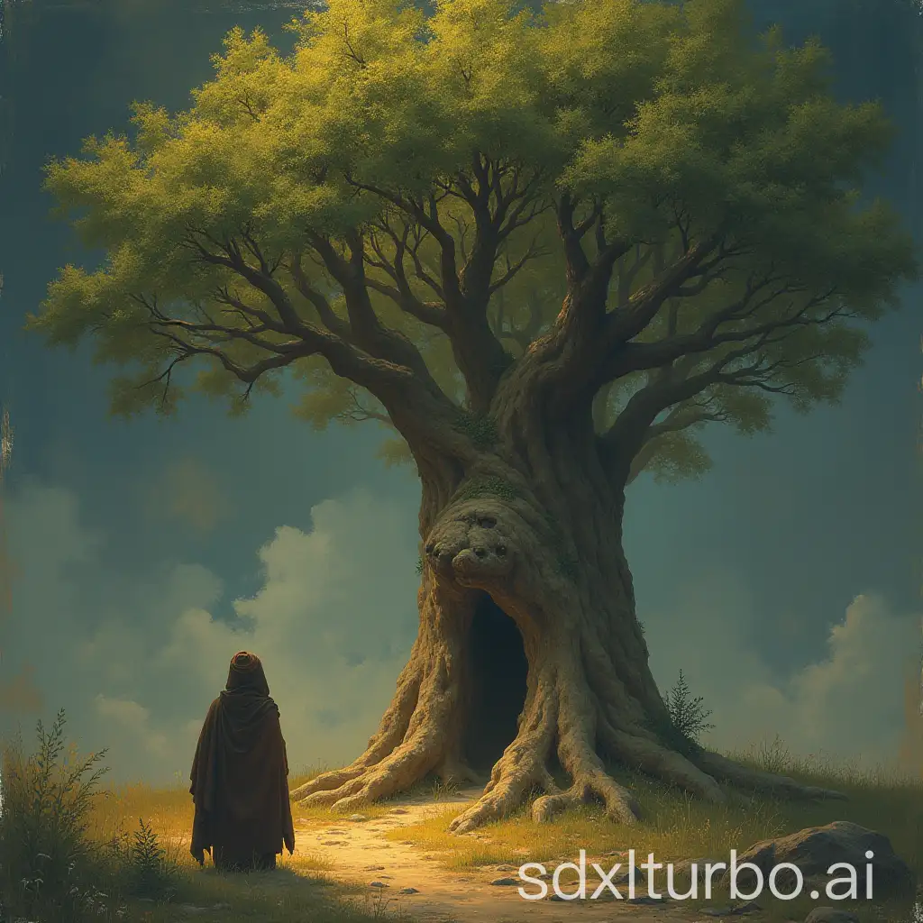 Disciple-Kneeling-Before-a-Sealed-Tree-in-a-Mystical-Forest