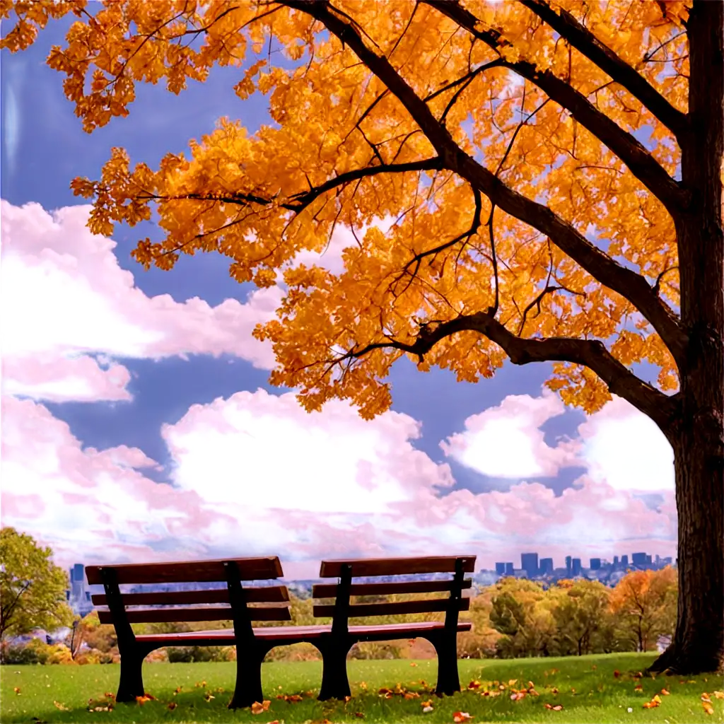 A sunny afternoon with fluffy clouds, a park bench under a tree, and a gentle breeze rustling leaves.