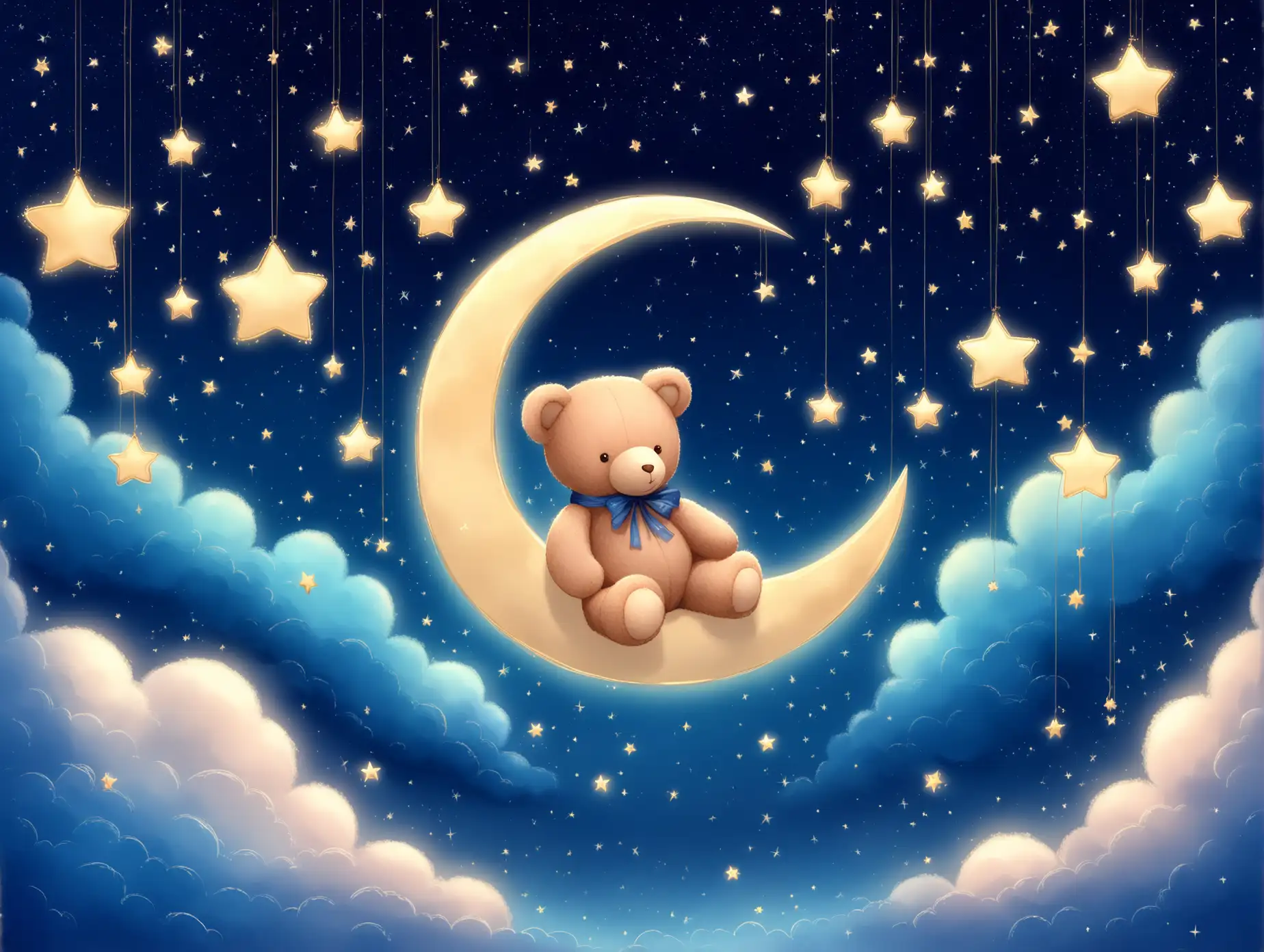 wide angle, Create a dreamy and whimsical scene of a fluffy teddy bear sitting on a crescent moon, floating among soft, fluffy clouds. Surrounding the bear are glowing golden stars hanging on delicate strings, creating a magical atmosphere. The background is a calming gradient of blue hues with gentle sparkles, evoking a peaceful nighttime ambiance. The overall feeling is cozy, magical, and perfect for a children's bedtime theme