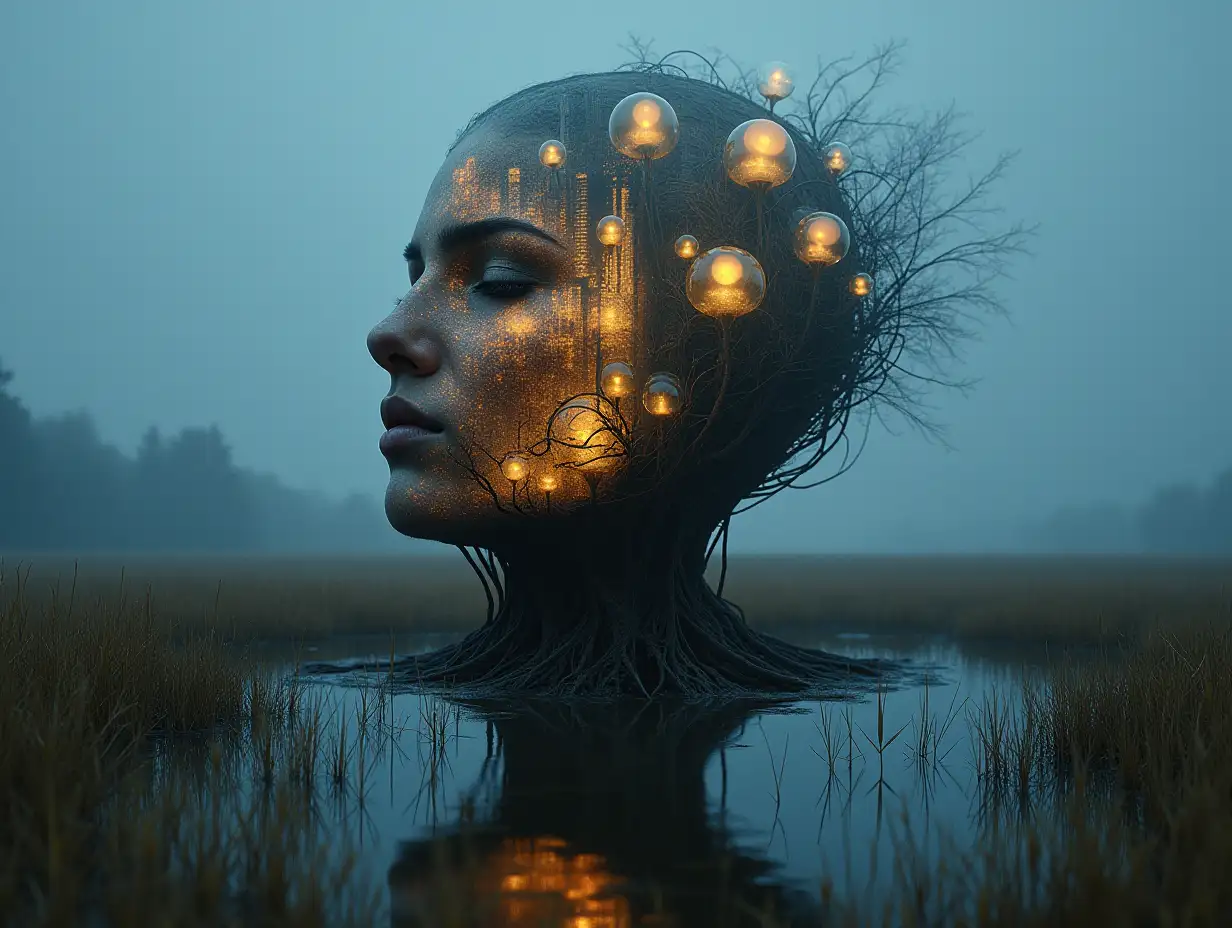 Face transforms into a building with glass glowing balls and roots Lit up on a meadow with lake looking at the viewer