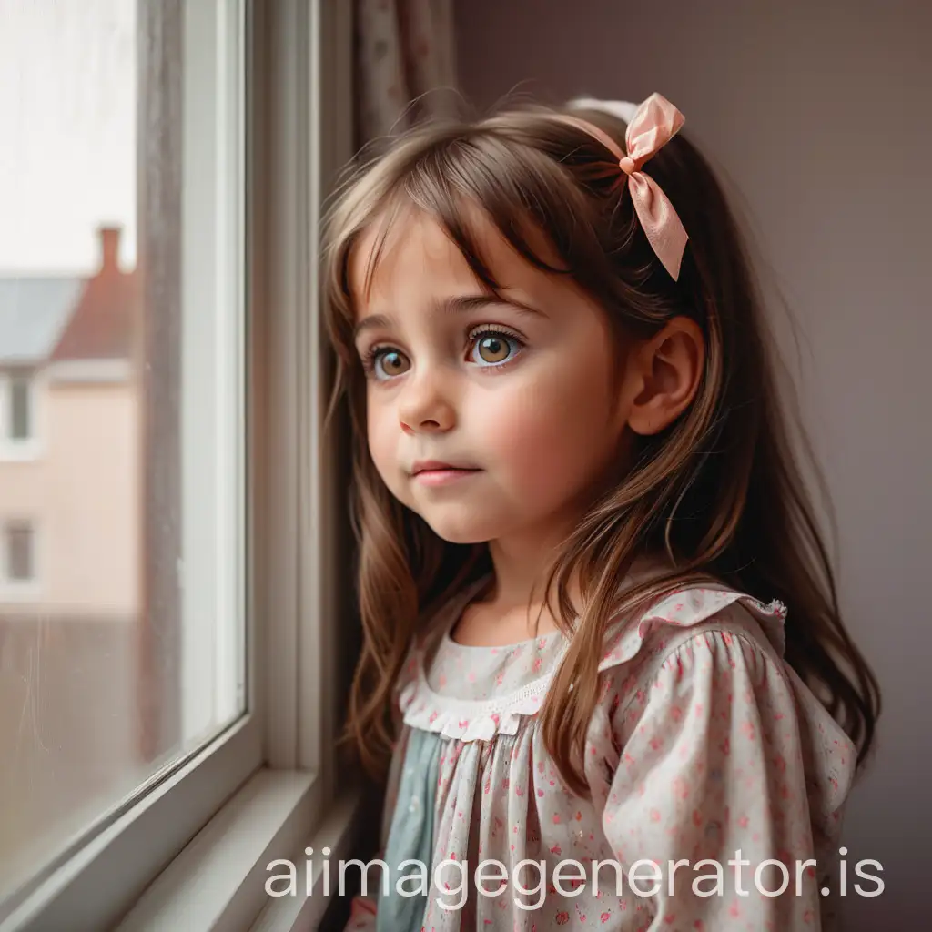 5YearOld-BrownHaired-Girl-Looking-Out-the-Window-in-Cute-Clothes