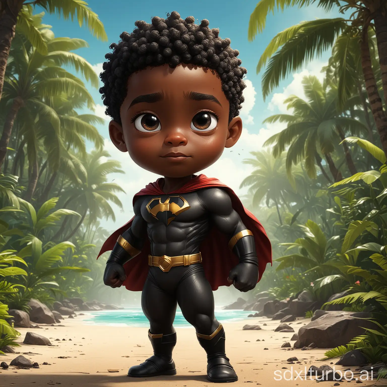 Cartoon-Style-Black-Little-Superhero-Boy-in-Tropical-Setting