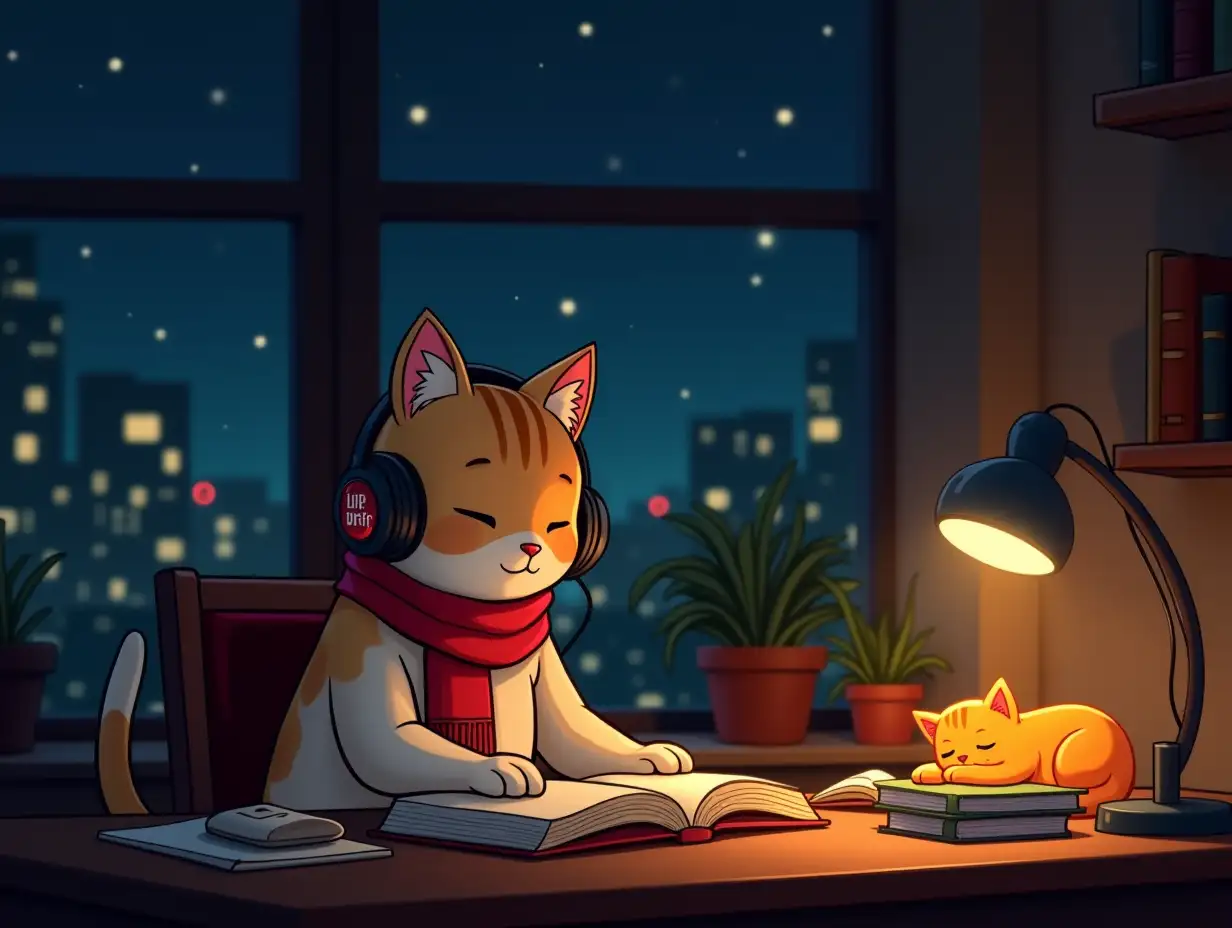 An animated scene of an anthropomorphic cat sitting at a desk at night, deeply focused on reading a book. The cat wears large headphones labeled 'Lofi' and a red scarf, with a thoughtful expression on its face. A sleepy orange cat rests on the windowsill next to a soft, glowing desk lamp. The room is cozy and filled with warm colors, with potted plants and books on the desk. Outside the window, a peaceful nighttime cityscape can be seen, with distant buildings illuminated. The art style is reminiscent of a lo-fi aesthetic, evoking a calm, meditative atmosphere ideal for studying or relaxing