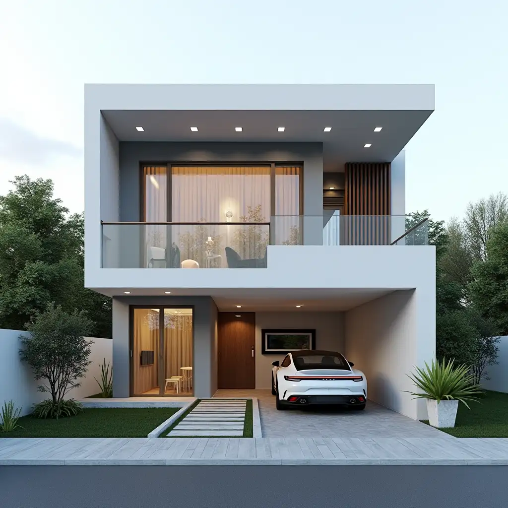 Minimalist House Description: Create a house layout with a modern minimalist concept, prioritizing functionality and aesthetics in every room, including a car garage, with 6 meters width and 12 meters length