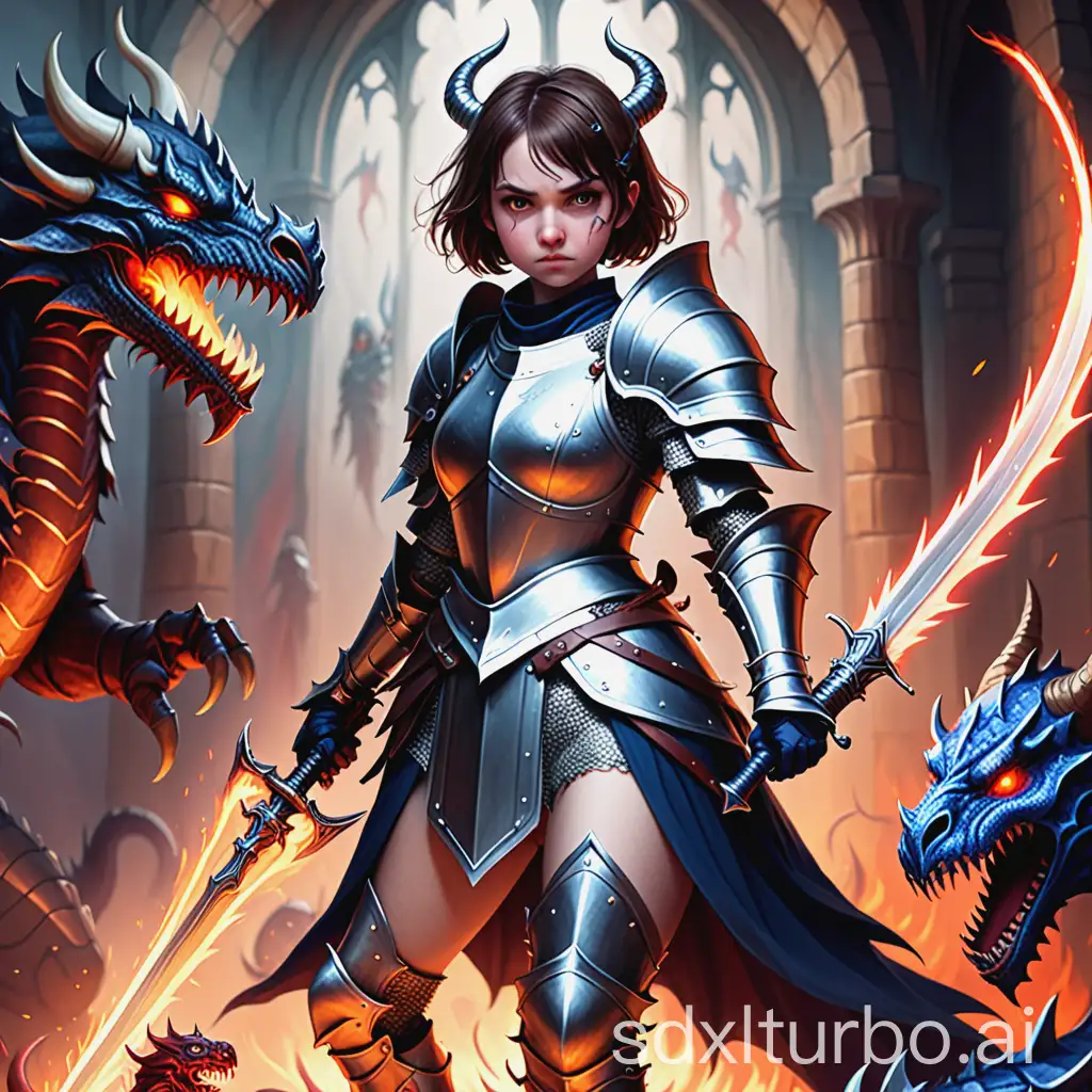 A girl in armor, holding a short sword and a whip, cosplaying as a knight, fighting with demons and dragons