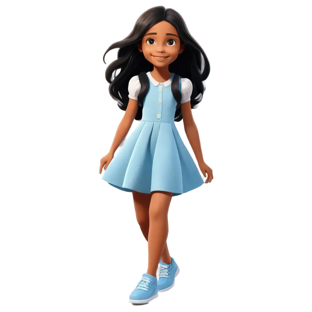 Beautiful-Little-Girl-Cartoon-PNG-Image-Long-Black-Hair-Dark-Brown-Eyes-Light-Blue-Dress