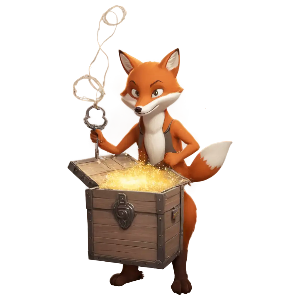 fox inside a dusty, old room in a castle, opening an ancient chest to find a glowing, magical key. The room is filled with cobwebs and old artifacts, and the key emits a soft, magical glow, highlighting its importance.