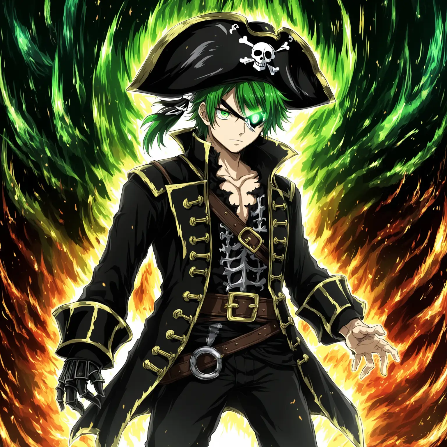 Anime Guy in Black Armor with Green Hair and Pirate Theme