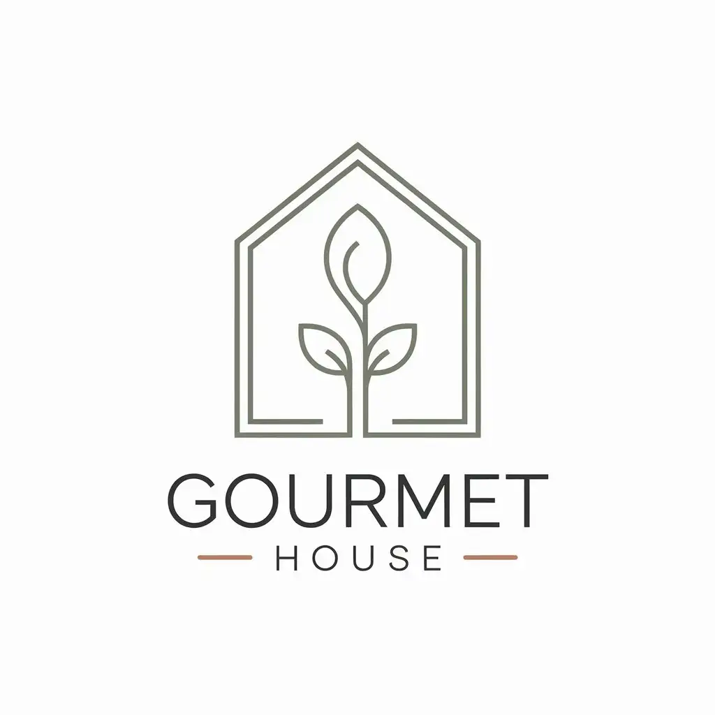 LOGO Design for Gourmet House Minimalistic House Outline with Sprouting Leaf and Earthy Tones