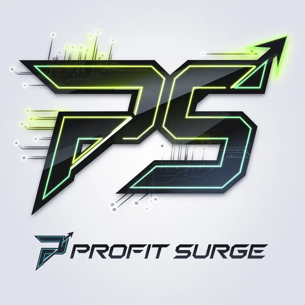 LOGO Design for Profit Surge Futuristic TechInspired PS with Neon Green Electric Yellow and Upward Arrow Theme