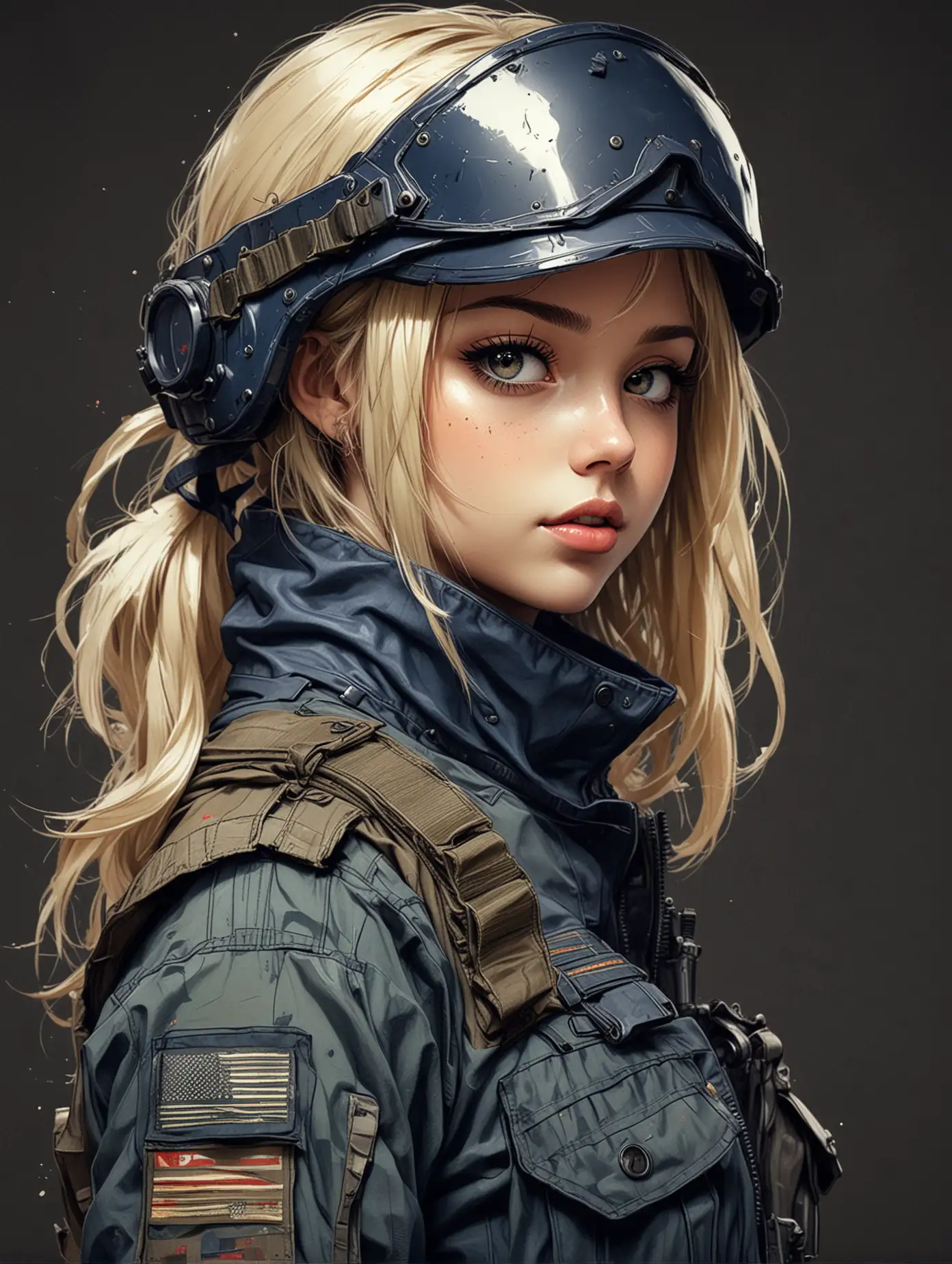 Whimsical style, Sketch of beauty anime blonde girl, wears navy military tactical suit completely with army's helmet on head, colorful pen sketchy draw, hand drawn, dark, gritty, realistic sketch, rough sketch, mix of bold dark lines and loose lines, battle tank background, on canvas, extremely detailed, masterpiece art